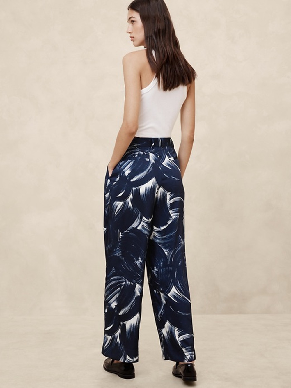 Banana Republic Navy and White Brushstroke Wide-Leg Pants